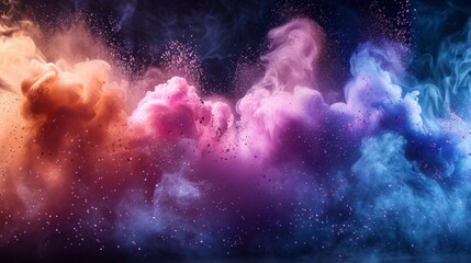 Isolated color powder explosions on transparent background. Spray of paint dust with dust particles. Modern realistic set of burst effect of colored powder clouds.