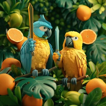 Parrots with electric blue and golden yellow hues playfully wielding fake weapons in a lush forest environment 3d render blender