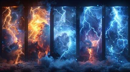 Isolated photoframes with thunderbolt impact, magical energy flash, a realistic 3D modern set of bolts with lightning frames.