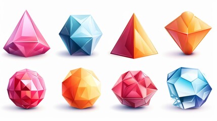 Basic voluminous geometric figures for education, Realistic modern illustration, icon set with hemisphere, octahedron, sphere and torus, cone, cylinder, pyramid.