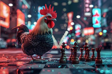 A chicken engages in a cerebral game of chess amidst the bustling cityscape. blender - obrazy, fototapety, plakaty