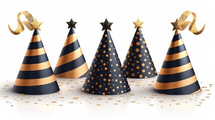 Modern set of gold and black stripes, dots, and stars for a birthday celebration. A modern realistic set of funny cone head caps with golden ribbons isolated on white.