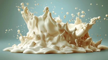 Foto auf Acrylglas The realistic illustration of milk splash or dripping on a blue background depicts natural dairy products, yogurt or cream in a crown splash with drops or swirls, for packaging design purposes. © Mark