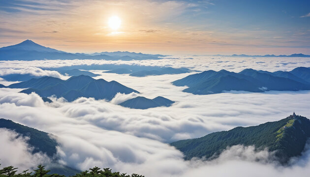 Japanese-style illustration scenery of fantastic sea of clouds and mountains