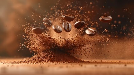 Several shredded roasted ground coffee beans and arabica grains isolated on transparent background with splash of brown dust. - obrazy, fototapety, plakaty