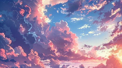 Anime style illustration of summer sky and thunderclouds