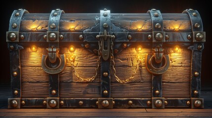An old wooden trunk with a golden fetter in the center. Vintage empty coffer isolated on a dark background. 3d empty vintage coffer with an open lid and a closed lid. Pirate treasure box with hidden