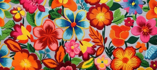 A tapestry bursts with hand-stitched flowers in a kaleidoscope of colors, showcasing meticulous craftsmanship