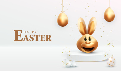 Holiday Easter with display podium background. Stage with gold eggs and funny smile bunny. Studio with white backdrop. Modern creative card vector illustration.	
