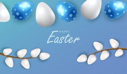 Happy Easter card vector. Holiday easter eggs and catkins on blue background. - obrazy, fototapety, plakaty