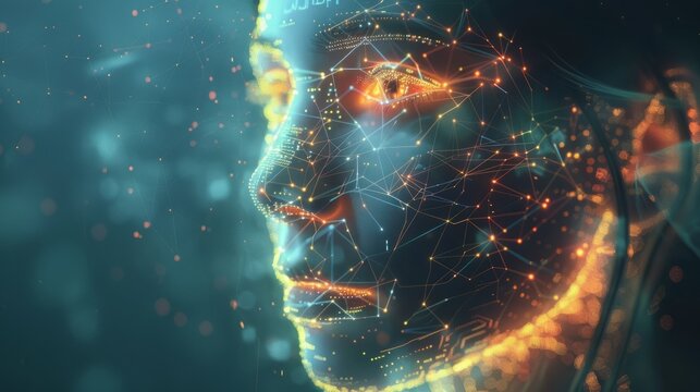 Artificial intelligence in humanoid head with neural network thinks. AI with a Digital Brain is learning to process big data and analyze information. The face of the cyber mind. Technology background