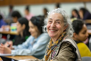 Fototapeta premium Portrait of a smiling older woman studying in a university class