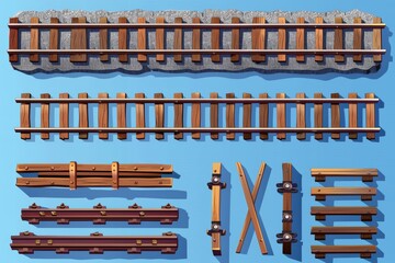 Top and perspective view of train track, straight and turn railway. Modern realistic tram line, road for locomotive and wagons with rails, fastenings and concrete ties. - obrazy, fototapety, plakaty