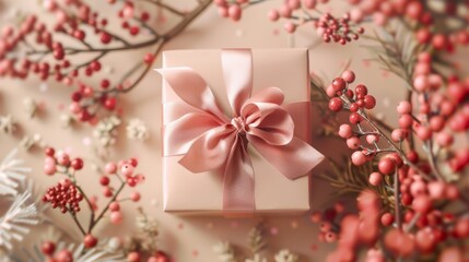 Artistic composition with a beautifully designed gift. Festive decoration with a bow. Festive day