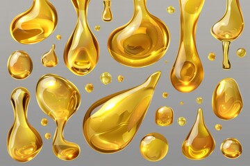 Drops and stains of liquid gold isolated on transparent background. Modern realistic mockup of liquid gold drips of organic cosmetic or food oil, top view of clear yellow puddles. - obrazy, fototapety, plakaty