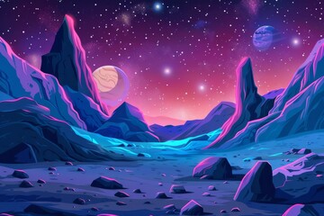 Stars shine in space on a deserted alien planet with mountains, rocks, and deep clefts. Extraterrestrial computer game backdrop, modern illustration with parallax effect.