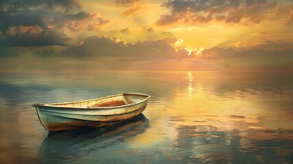 A tranquil lakeside scene with a lone rowboat drifting peacefully under the pastel hues of a setting sun. - obrazy, fototapety, plakaty