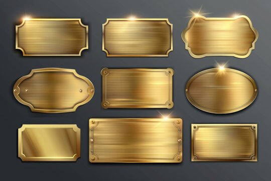 Decorative gold plate, golden name plaque mockup isolated on transparent background, realistic 3d modern set with round, oval, and rectangular frames for nameplates.