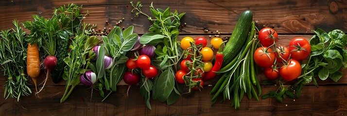 A vibrant assortment of fresh vegetables and herbs arranged on a rustic cutting board, hinting at the culinary delights waiting to be prepared