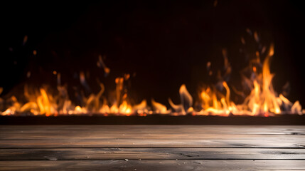 Obraz premium Empty wooden table in front of fire background