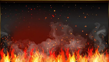 background with fire sparks embers and smoke overlay effect of burn coal grill hell or bonfire with flame glow flying red sparkles and fog on black background vector realistic border poster