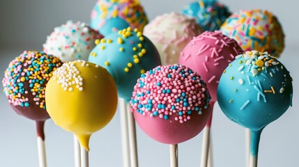 Assorted various cake pops with colorful decorations on white background