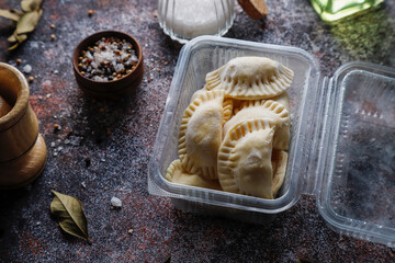 Raw semi finished frozen products, meals.