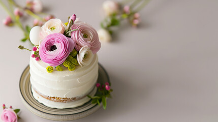 Fototapeta na wymiar Elegant white wedding cake adorned with fresh pink and white flowers on a stand, with a minimalistic background and copyspace