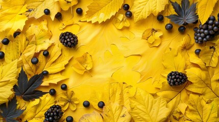 Autumn yellow background with yellow leaves and forest berries. Top view and copy space. Autumn season