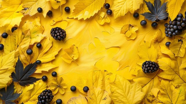 Autumn yellow background with yellow leaves and forest berries. Top view and copy space. Autumn season
