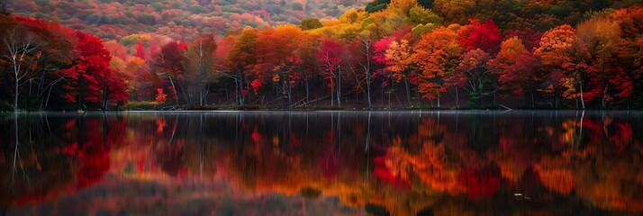 A vibrant autumn landscape with trees ablaze in shades of red, orange, and gold, reflected in the still waters of a lake - obrazy, fototapety, plakaty