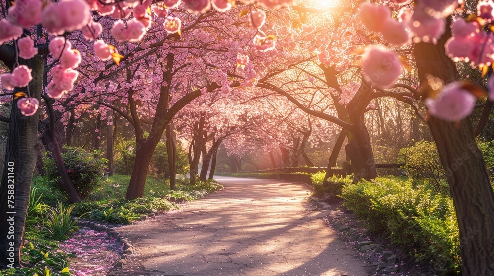 Fototapete the suns golden rays filter through the lush green leaves of trees in a serene park setting, creatin
