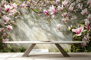 A sleek bench awaits in a tranquil garden, surrounded by the soft pink of magnolia blooms