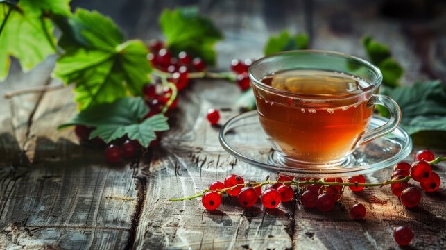 A bunch of currant berries and currant leaves lay next to fragrant freshly brewed tea. A warm and healthy drink