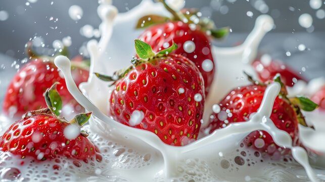 A bunch of vibrant red strawberries are seen plunging into a glass of cold, creamy milk, creating a delightful splash. The juicy fruit and white liquid collide in a dynamic moment captured in this