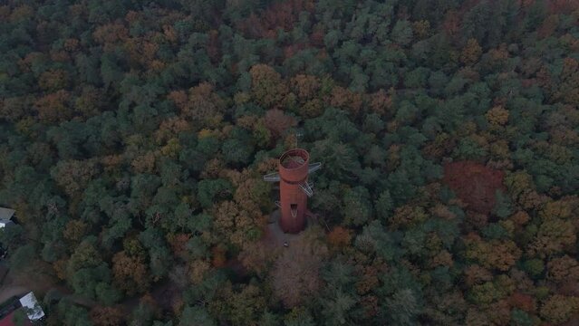 Aerial view of watchtower in middle of autumn forest
