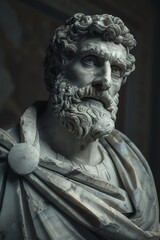 Obraz premium Mysterious ancient greek, roman male stoic statue, sculpture in dramatic lighting, shadows highlighting the impressive muscular build and classical beauty. 