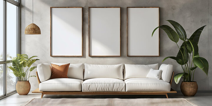 Fototapeta Modern living room in scandinavian style with mockup blank poster frames