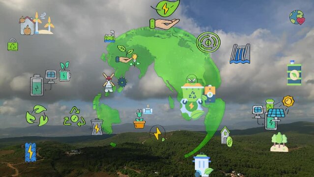 Green forest aerial view and environmental technology concept. Green tech. Ecology. Green transformation. GX. SDGs. High quality 4k footage