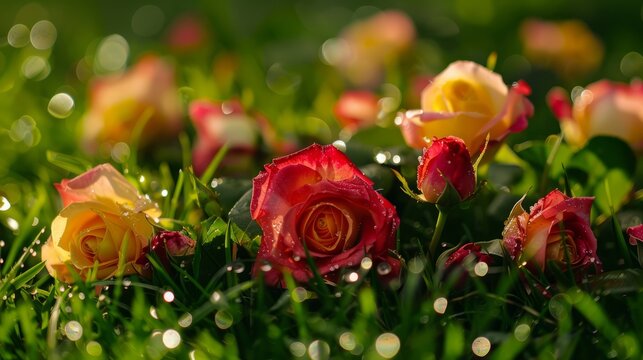 A cluster of vibrant roses, including red, pink, and yellow blooms, scattered across lush green grass blades. The petals glisten with dewdrops under the sunlight, creating a striking contrast against