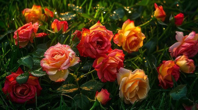 A cluster of vibrant roses, including red, pink, and yellow blooms, scattered across lush green grass blades. The petals glisten with dewdrops under the sunlight, creating a striking contrast against
