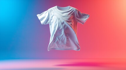 A white t shirt mockup floating in a vibrant gradient backdrop with a big empty space for text or product, Generative AI.