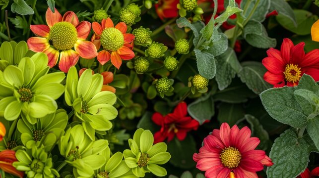 A collection of vibrant green and red flowers blooming together in a spring garden, showcasing a fresh burst of color and life