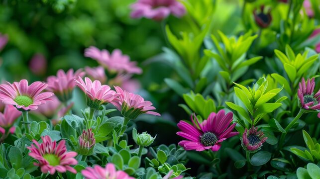 A collection of vibrant green and pink flowers blooming together in a spring garden, showcasing a fresh burst of color and life