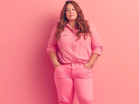 Happy beautiful plus size model in casual clothes, overweight young girl on pink background, body positive concept