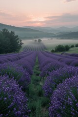 Fototapeta premium A lush field of lavender flowers bathed in the golden light of the setting sun, creating a serene and picturesque scene