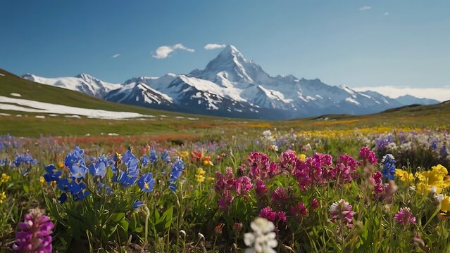 Beautiful alpine meadow landscape with wildflowers and snowcapped mountains