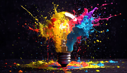 Creative light bulb explodes with colorful splash paint on a black background