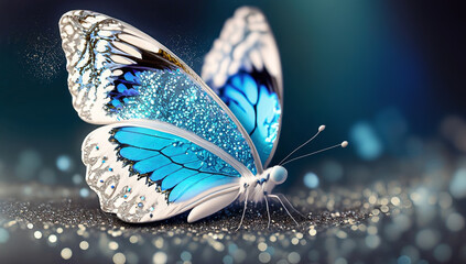 Macro papillon, broche bleue - obrazy, fototapety, plakaty