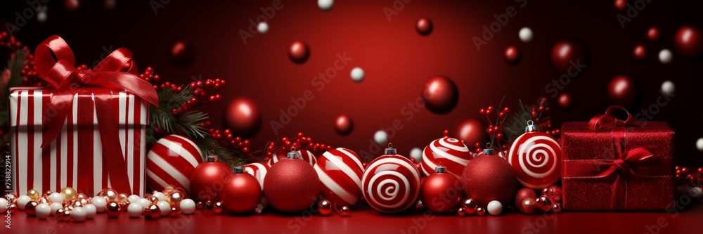 Poster A group of red and white Christmas ornaments gathered together, adding a pop of color and holiday cheer to any festive décor